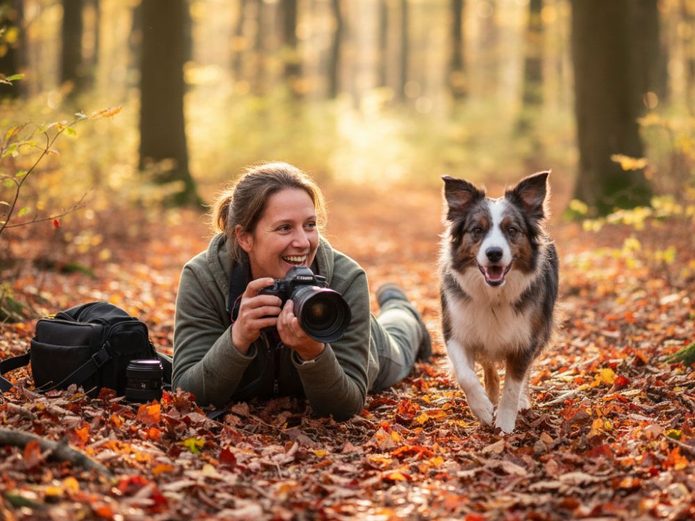 Hundefotografin Isabel Hartmann liegt auf dem Waldboden, um einen Border Collie auf Augenhöhe zu fotografieren.