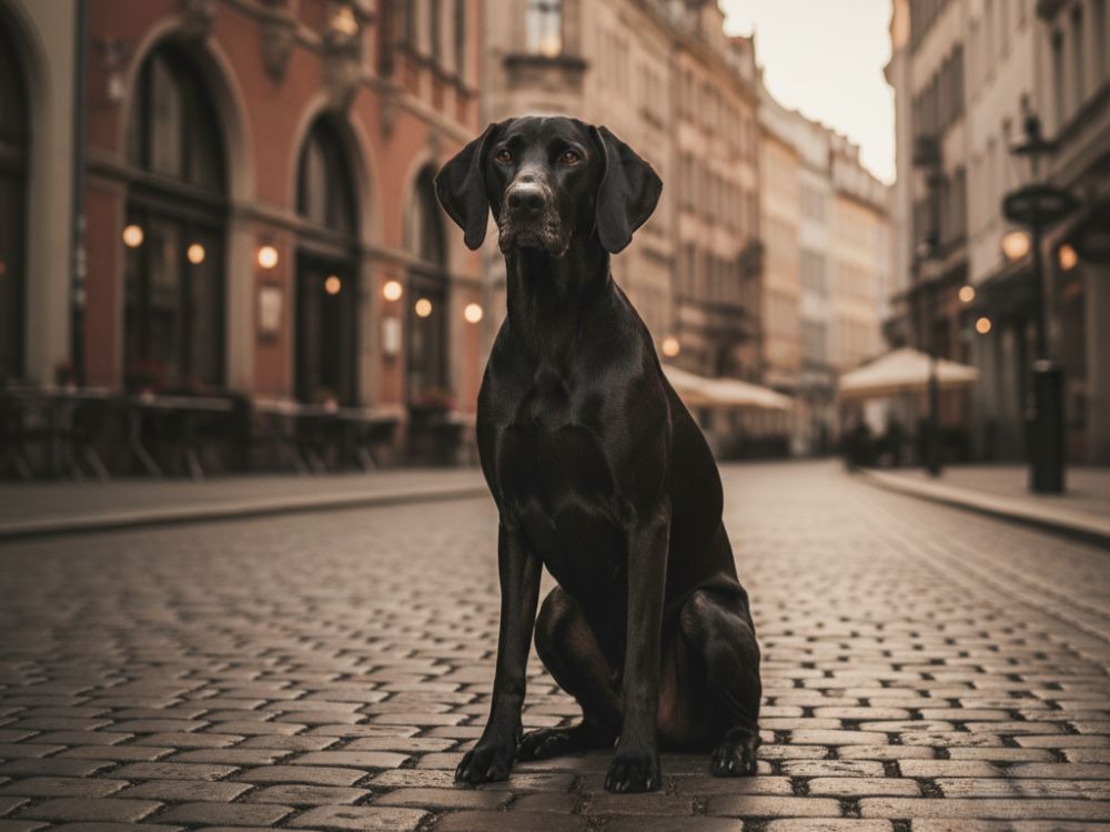 Location-Scouting für Hundefotos in Dresden Ein Weimaraner sitzt vor einer urbanen Kulisse in der Dresdner Neustadt und dient als Beispiel für eine Shooting-Location.