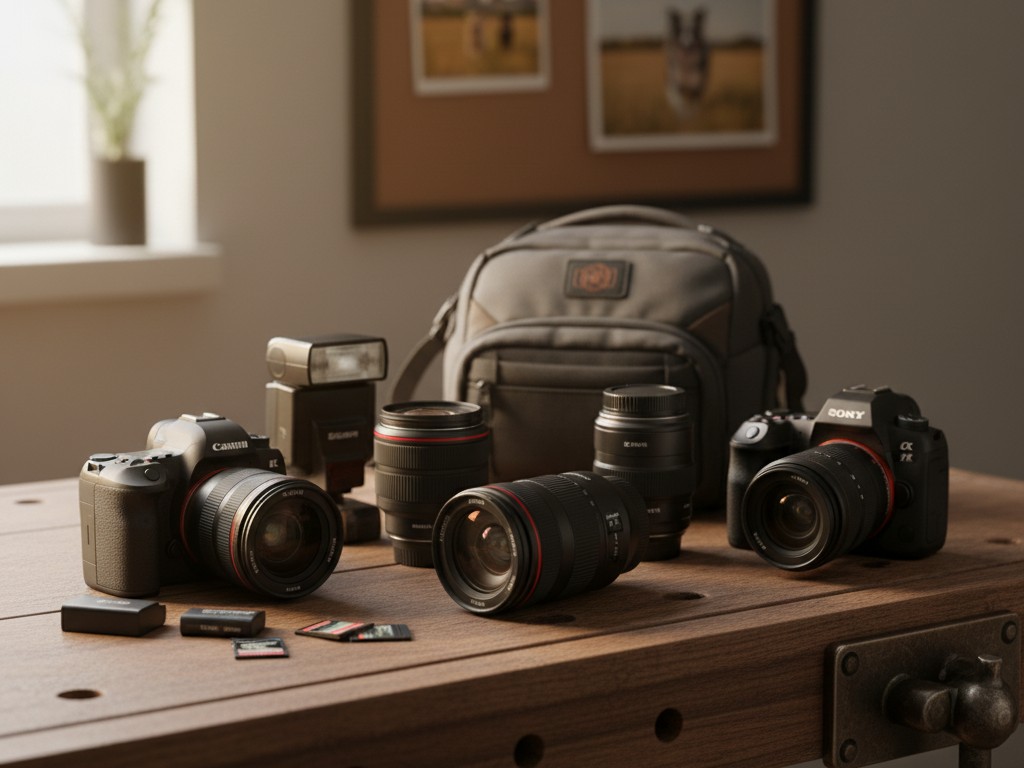 Die richtige Ausrüstung für die Hundefotografie Ausrüstung für die Hundefotografie: Canon Kamera, Teleobjektiv, Leckerlis und Spielzeug auf einem Holztisch.